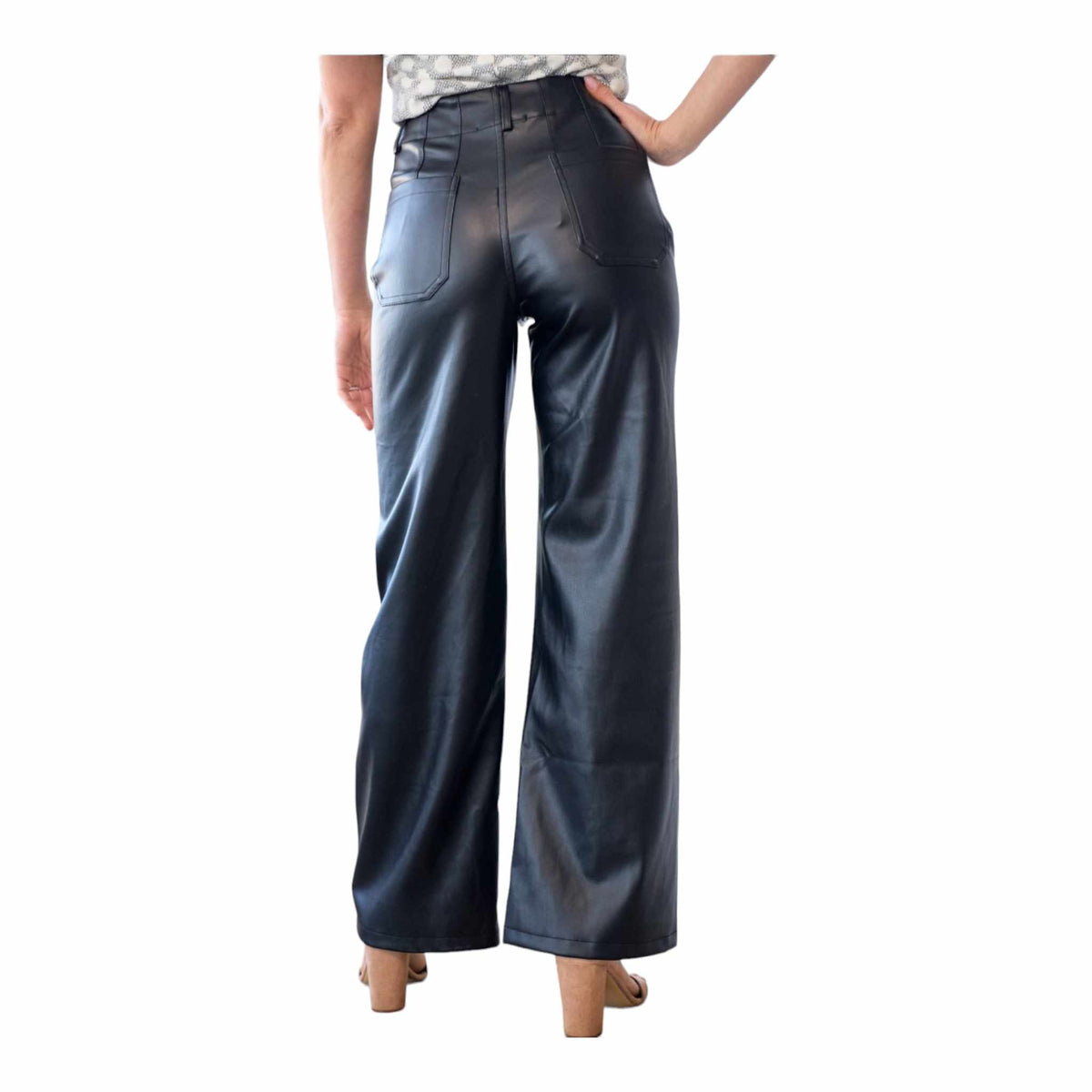 Wide Leg Vegan Leather Pants - Black