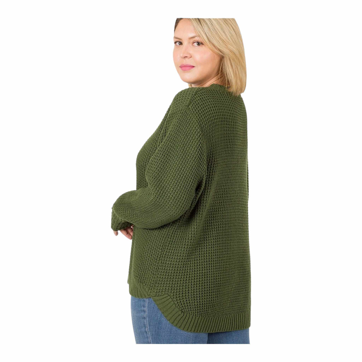 Zenana Waffle Knit Hi-Lo Sweater - Army Green (PLUS)