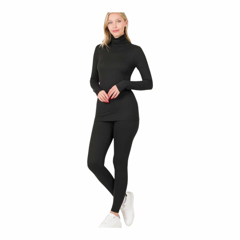 Microfiber Mock Neck Top and Leggings Set - Black