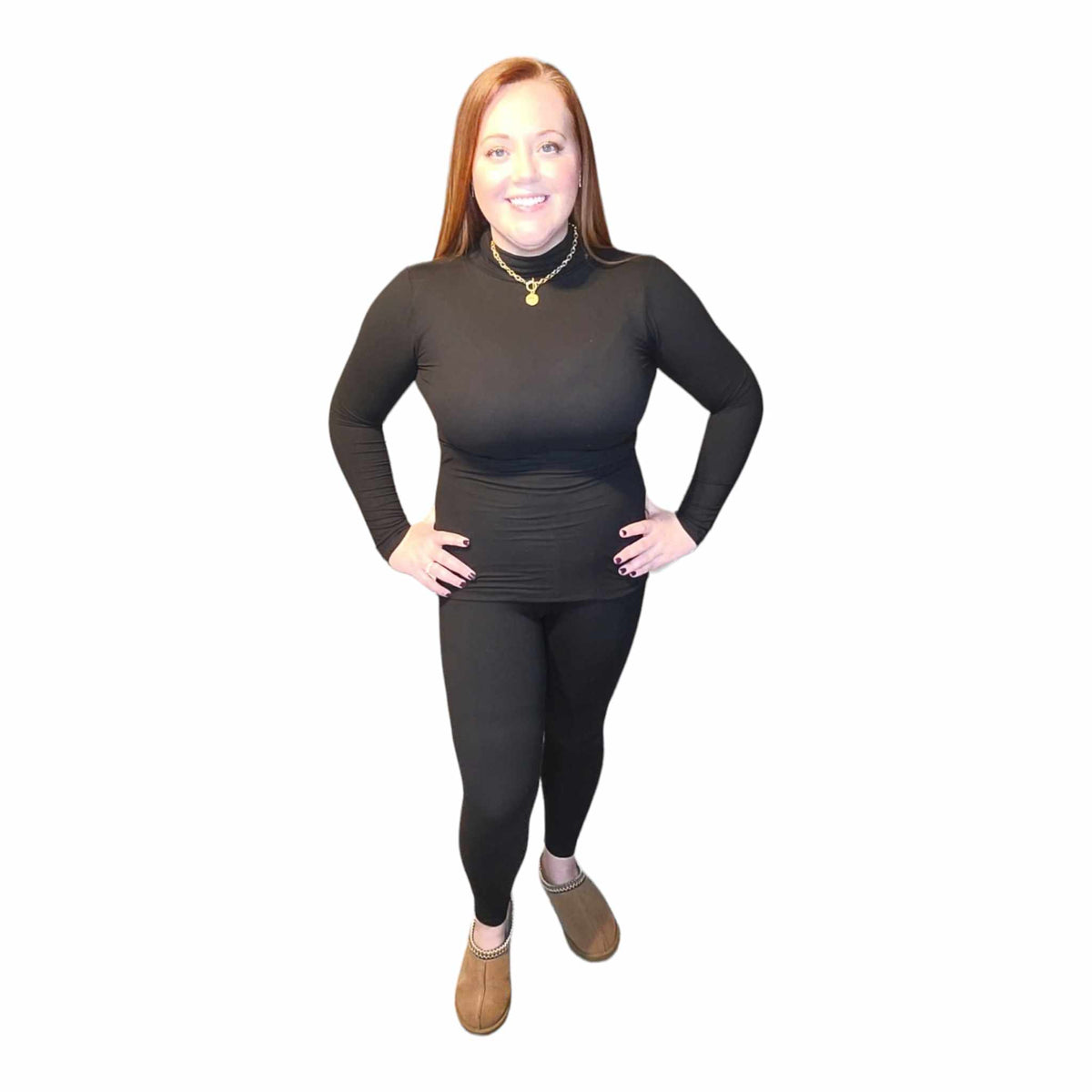 Microfiber Mock Neck Top and Leggings Set - Black