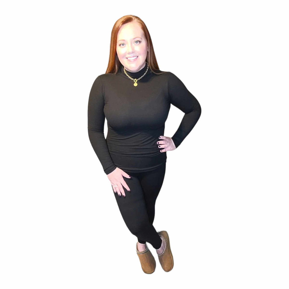 Microfiber Mock Neck Top and Leggings Set - Black