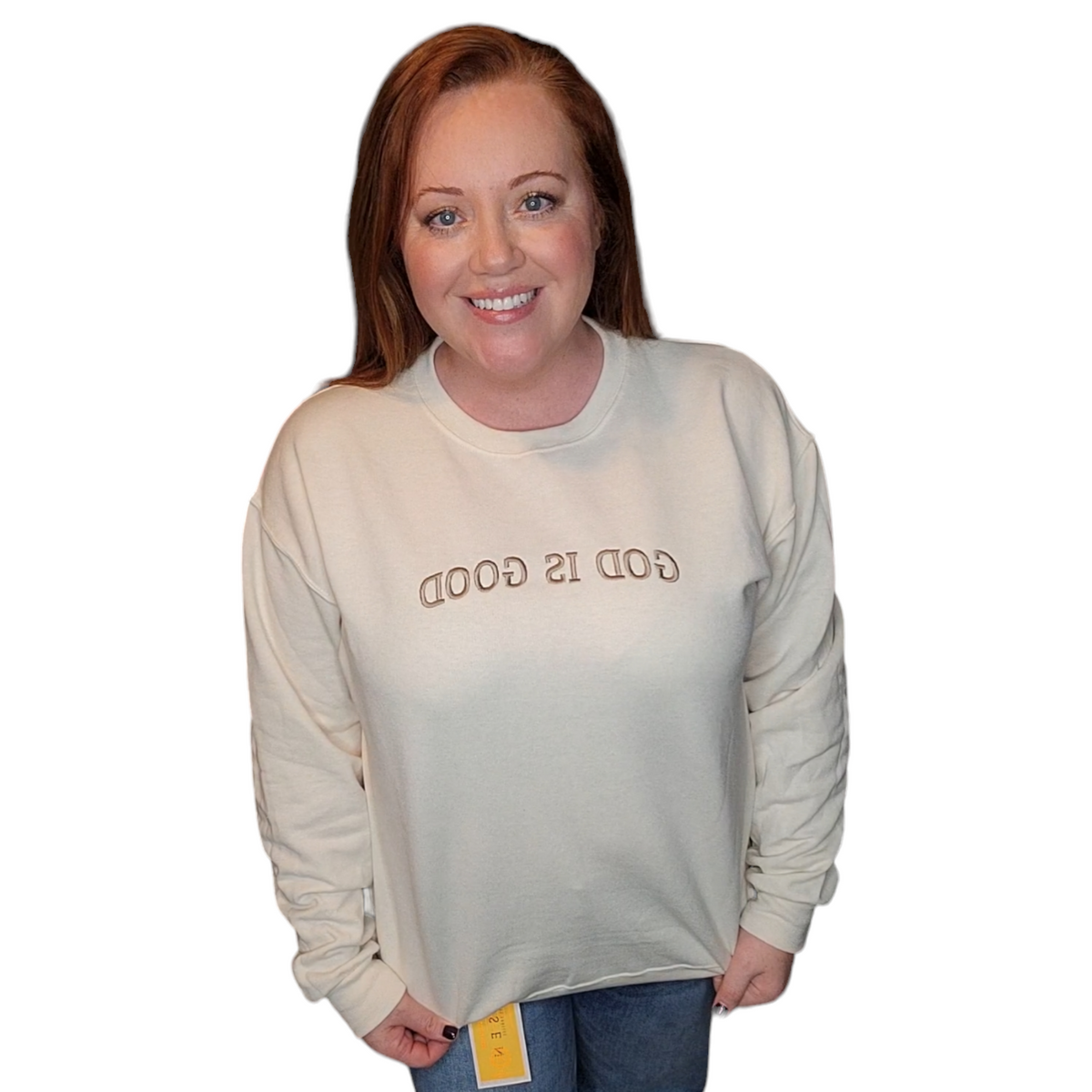 Embroidered God Is Good Sweatshirt - Cream