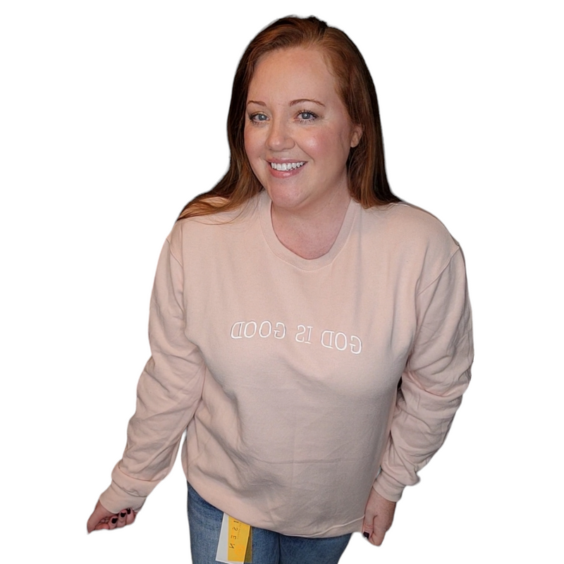 Embroidered God Is Good Sweatshirt - Dusty Pink